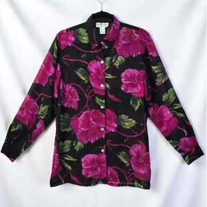 Coconut Row Floral Blouse Woman Large Silk Button Down Long Sleeve Black Purple